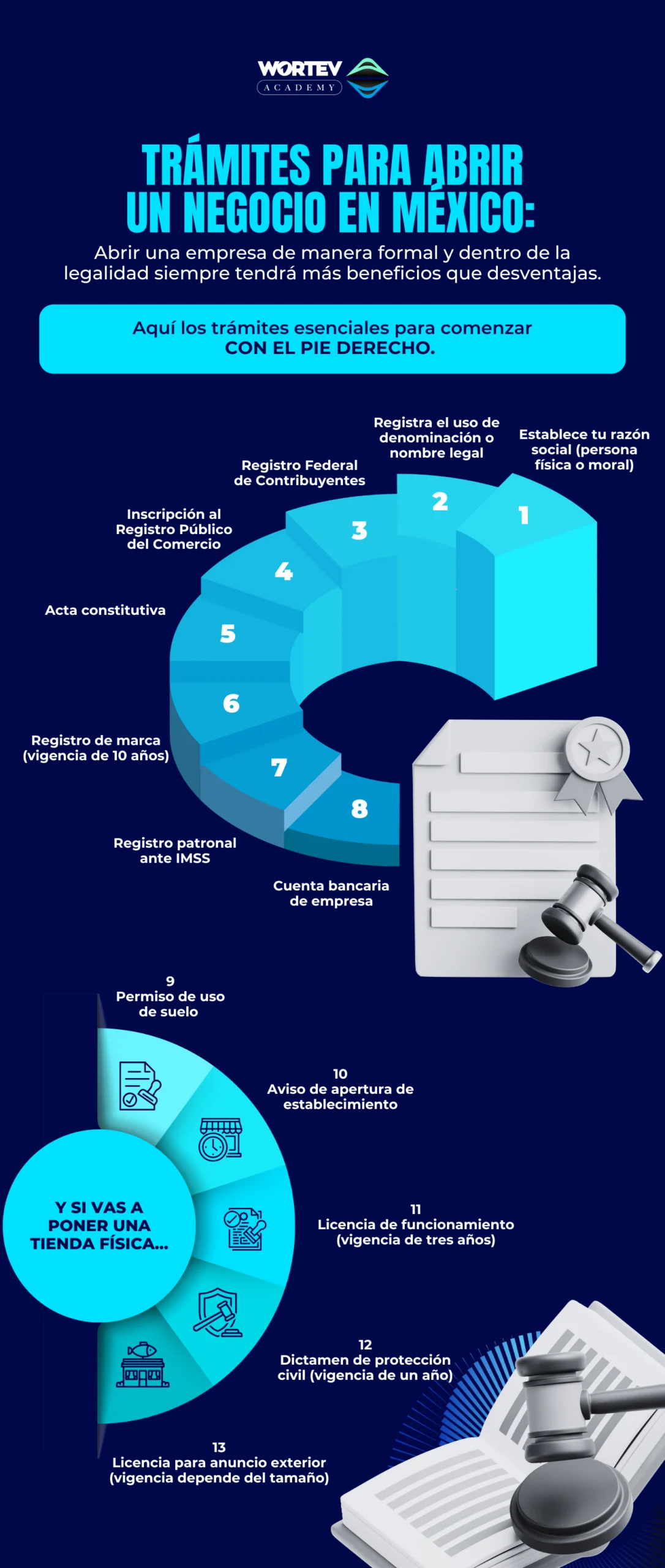 Infografía sobre trámites para abrir un negocio en méxico para empresas en línea y tiendas físicas.