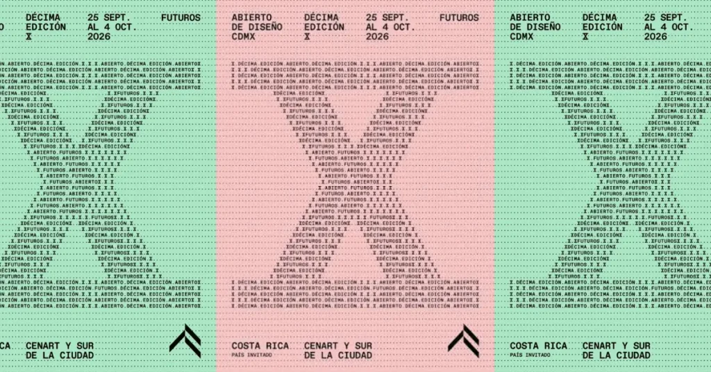 Cartel oficial del Abierto de Diseño CDMX 2026, décima edición dedicada a explorar los futuros a través del diseño.