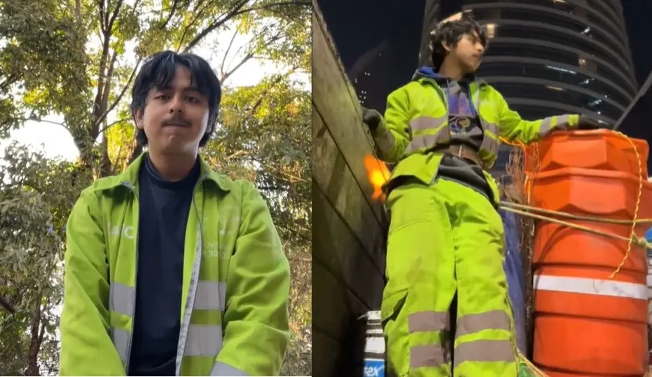 Macario Martínez con uniforme de trabajado del servicio de limpieza