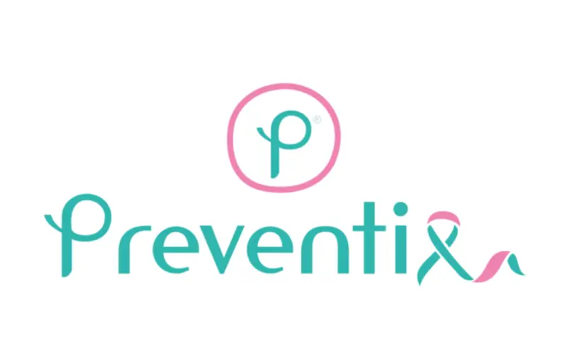 Logotipo de Preventix en colores turquesa y rosa, con un lazo de concientización sobre el cáncer cervicouterino.